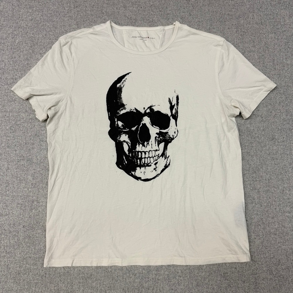 John Varvatos USA Skull Graphic T-Shirt Size L Cream White Cotton Tee K3325C17